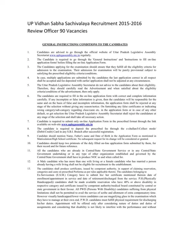 UP Vidhan Sabha Sachivalaya Recruitment 2015-2016 Review Officer 90 Vacancies