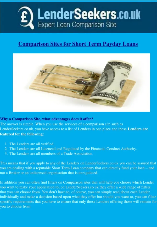 Comparison Sites for the Short Term Loans Market