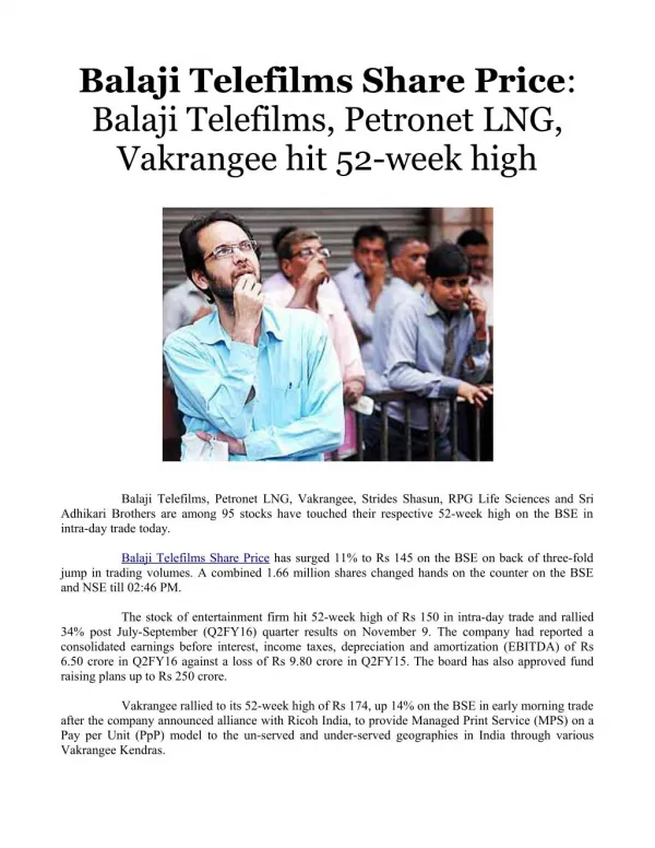 Balaji Telefilms Share Price: Balaji Telefilms, Petronet LNG, Vakrangee hit 52-week high