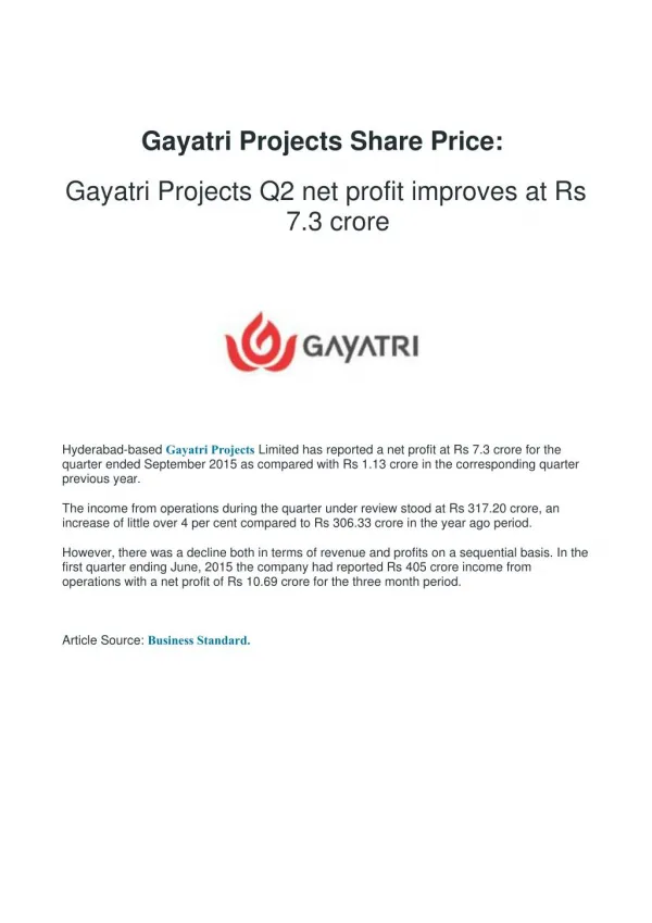 Gayatri Projects Share Price: Gayatri Projects Q2 net profit improves at Rs 7.3 crore