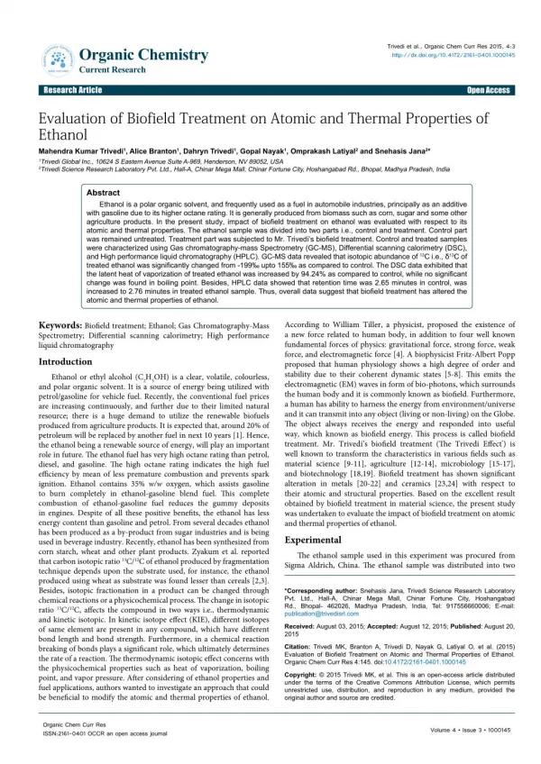 Evaluation of Biofield Treatment on Atomic and Thermal Properties of Ethanol