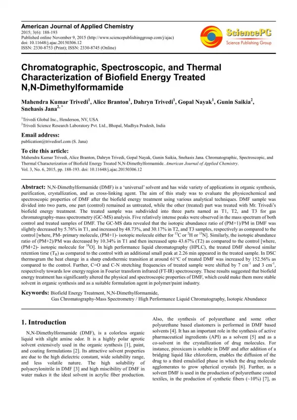 Chromatographic, Spectroscopic, and Thermal Characterization of Biofield Energy Treated N, N-Dimethylformamide