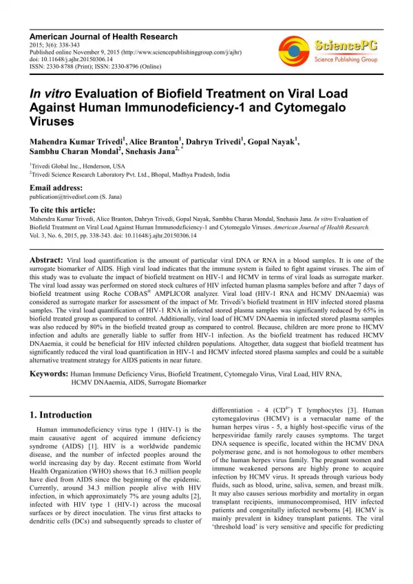 An Impact of Biofield Treatment on HIV and Cytomegalo Viruses