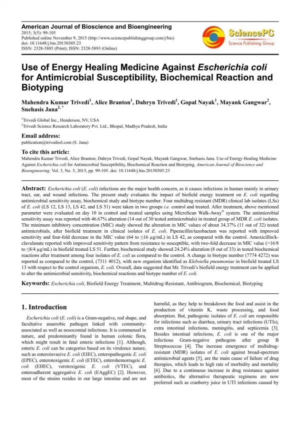 Study Biofield Energy Treatment Impact on Escherichia Coli