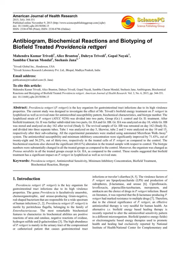Antibiogram, Biochemical Reactions and Biotyping of Biofield Treated Providencia rettgeri