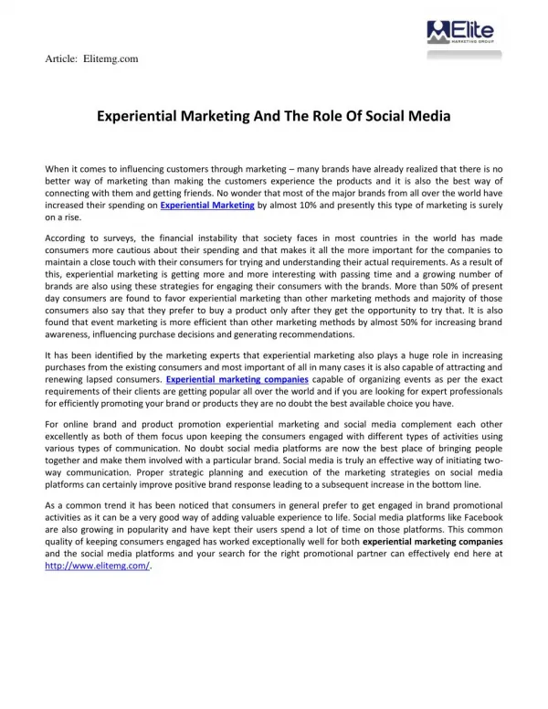 Experiential Marketing And The Role Of Social Media
