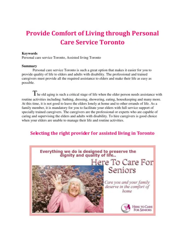 Provide Comfort of Living through Personal Care Service Toronto