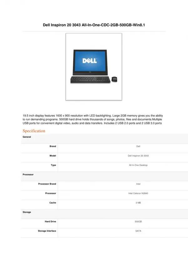 Dell Inspiron 20 3043 All-In-One-PQC-2GB-500GB-Win8.1