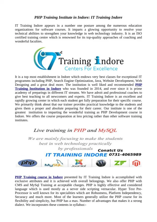 IT Training Indore- Best PHP training Institute in Indore