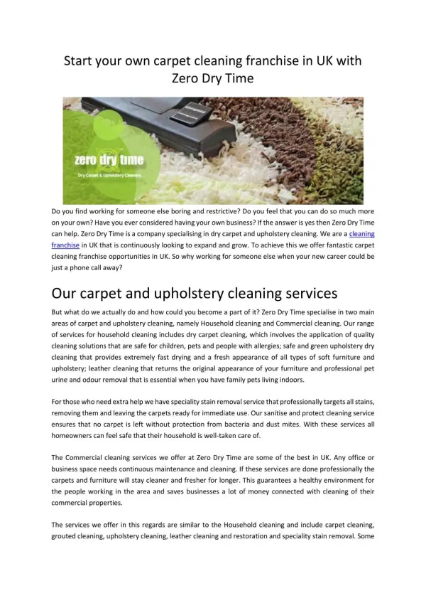 Carpet cleaning franchise UK Opportunities