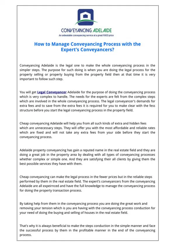 How to Manage Conveyancing Process with the Expert’s Conveyancers?
