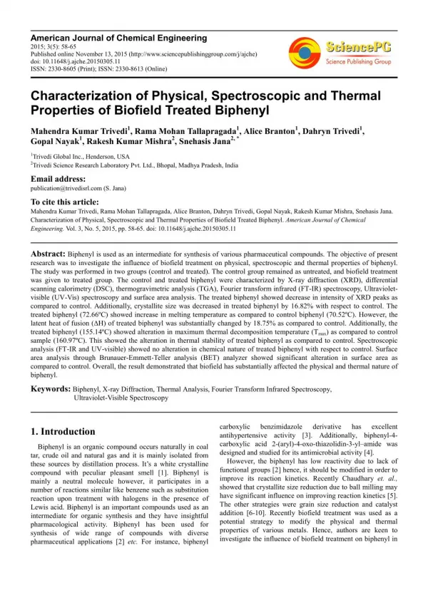 Characterization of Physical, Spectroscopic and Thermal Properties of Biofield Treated Biphenyl