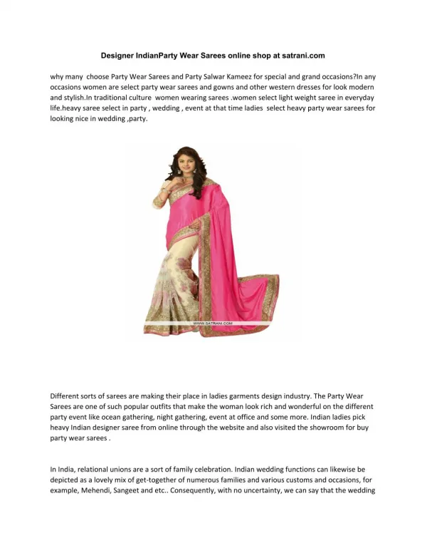 Designer Indian Party Wear Sarees online shop at satrani.com