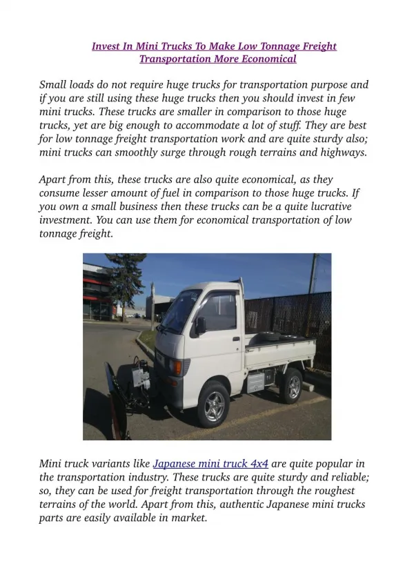 Invest In Mini Trucks To Make Low Tonnage Freight Transportation More Economical