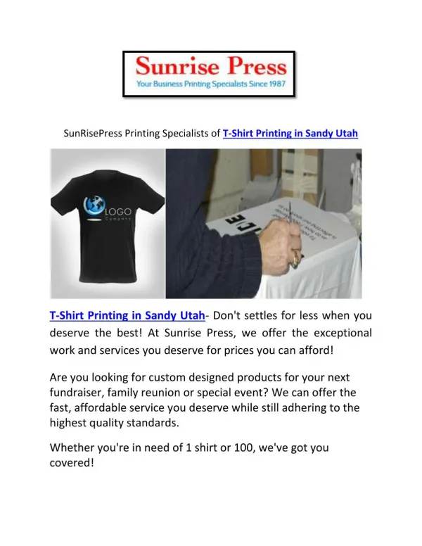 SunRisePress Printing Specialists of T-Shirt Printing in Sandy Utah