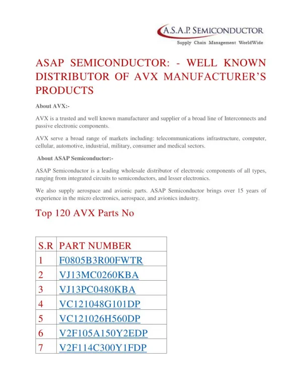 ASAP Semiconductor: - Well Known Distributor Of Avx Manufacturer’s Products