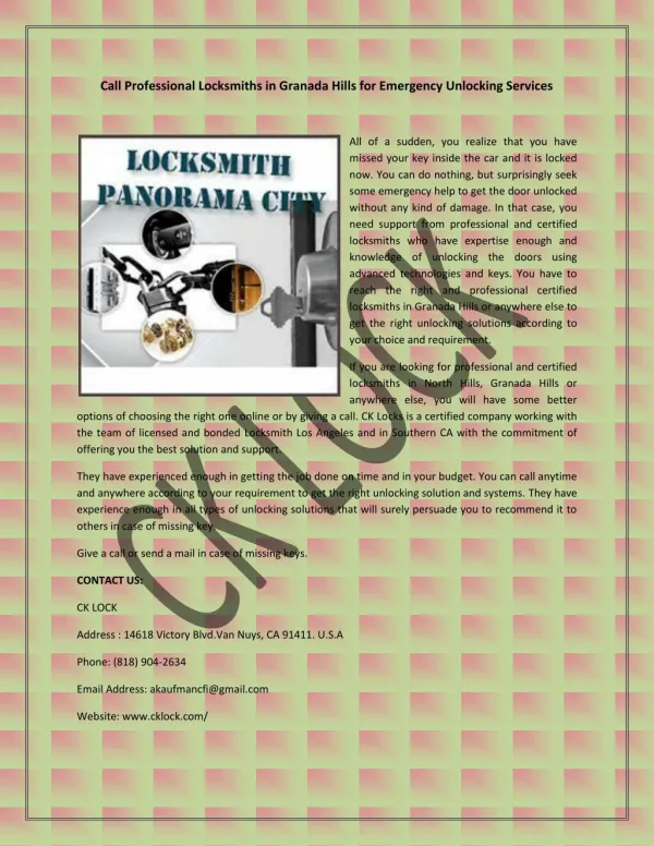 Call Professional Locksmiths in Granada Hills for Emergency Unlocking Services