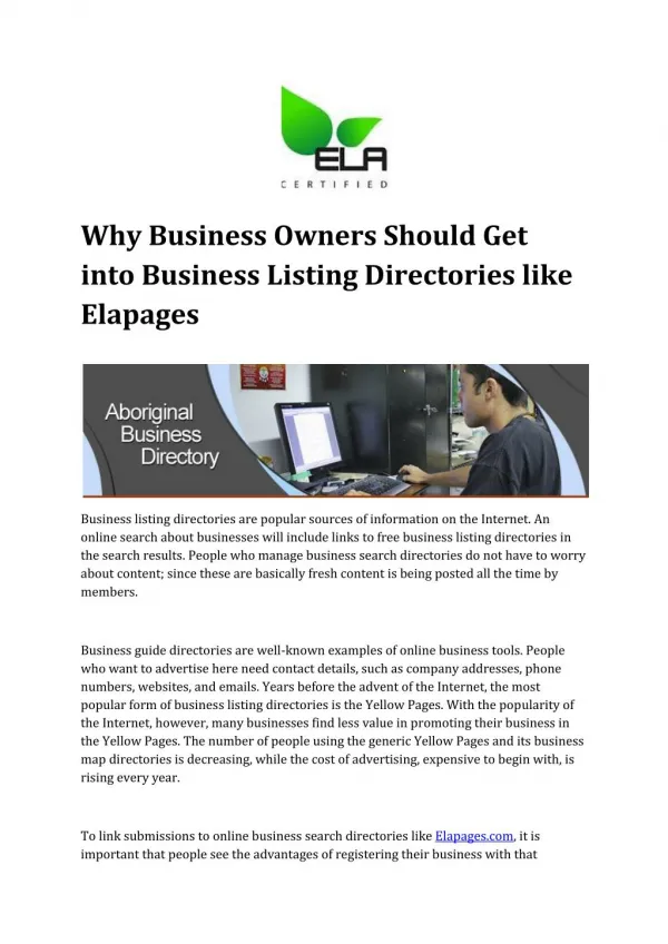 Need for listing into Business Listing Directories like Elapages