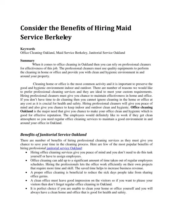 Consider the Benefits of Hiring Maid Service Berkeley