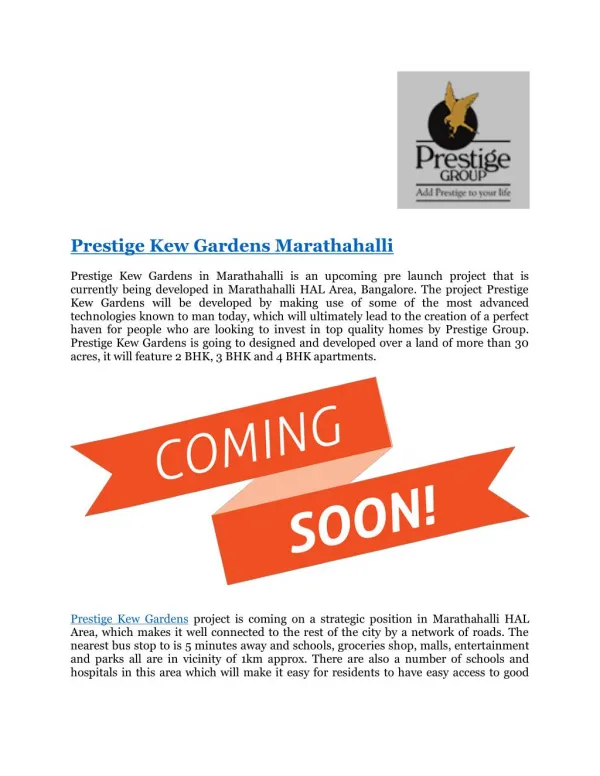 Prestige Kew Gardens |Marathahalli| Pre Launch |Bangalore
