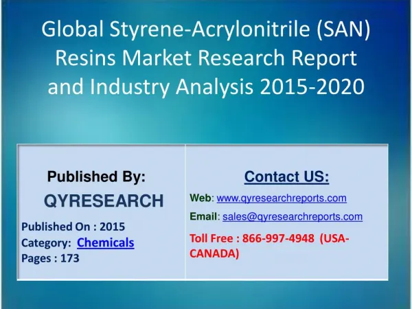 Global Styrene-Acrylonitrile (SAN) Resins Market 2015 Industry Applications, Study, Development, Growth, Outlook, Insigh
