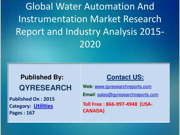 Global Water Automation And Instrumentation Market 2015 Industry Research, Outlook, Trends, Development, Study, Overview