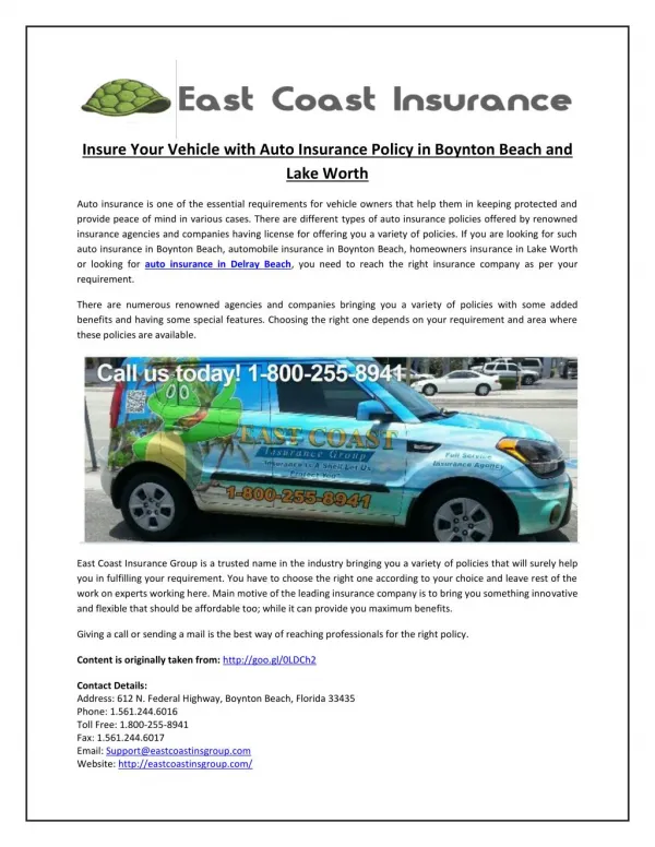 Insure Your Vehicle with Auto Insurance Policy in Boynton Beach and Lake Worth