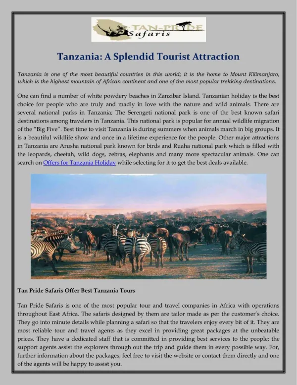 Tanzania: A Splendid Tourist Attraction