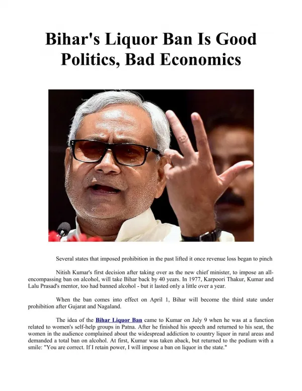 Bihar's Liquor Ban Is Good Politics, Bad Economics
