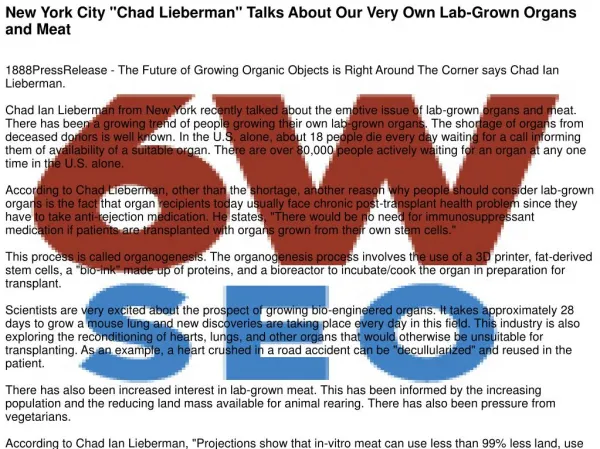 New York City "Chad Lieberman" Talks About Our Very Own Lab-Grown Organs and Meat