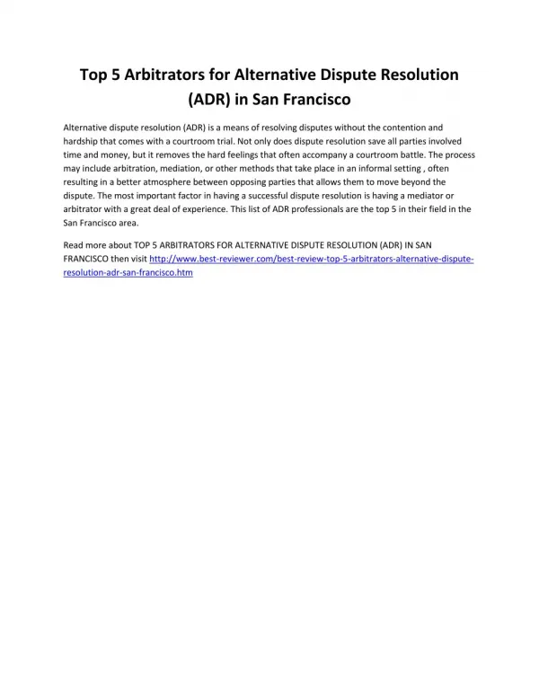 Top 5 Arbitrators for Alternative Dispute Resolution (ADR) in San Francisco