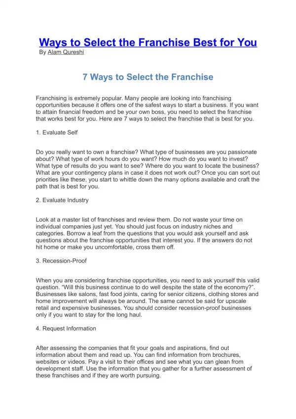 Ways to Select the Franchise Best for You