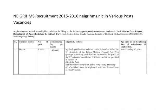 NEIGRIHMS Recruitment 2015-2016 Neigrihms.nic.in Various Posts Vacancies