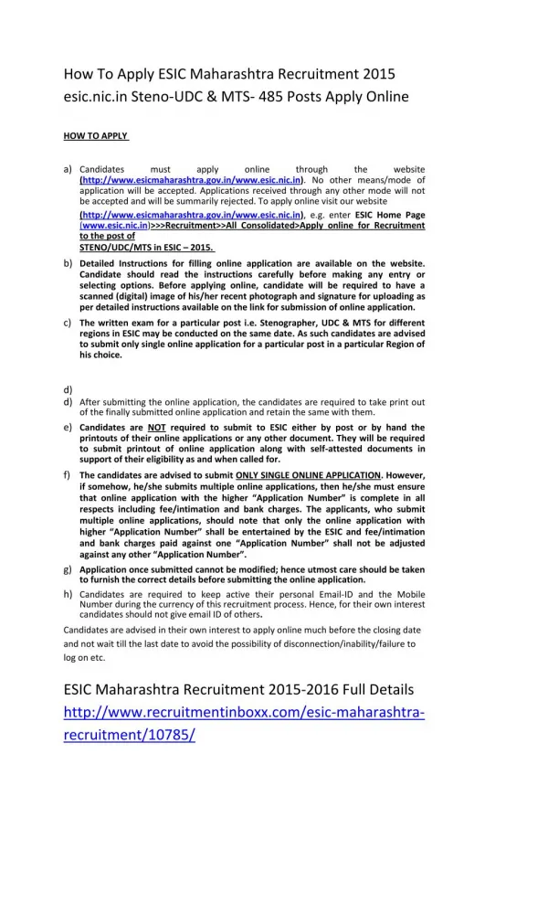How to Apply ESIC Maharashtra Recruitment 2015 Esic.nic.in Steno-UDC & MTS- 485 Posts Apply Online