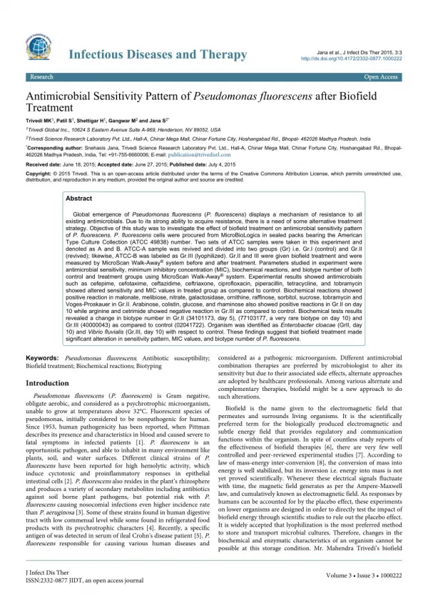 Mahendra Kumar Trivedi | Antimicrobial Sensitivity Pattern of Pseudomonas fluorescens after Biofield Treatment