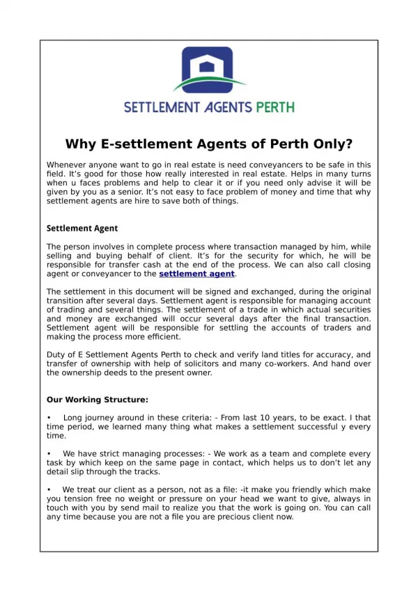 Why E-settlement Agents of Perth Only?
