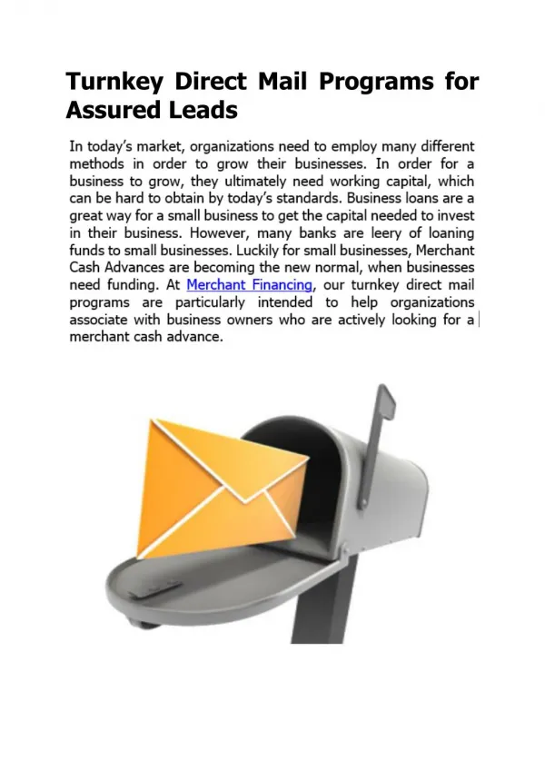 Turnkey Direct Mail Programs for Assured Leads
