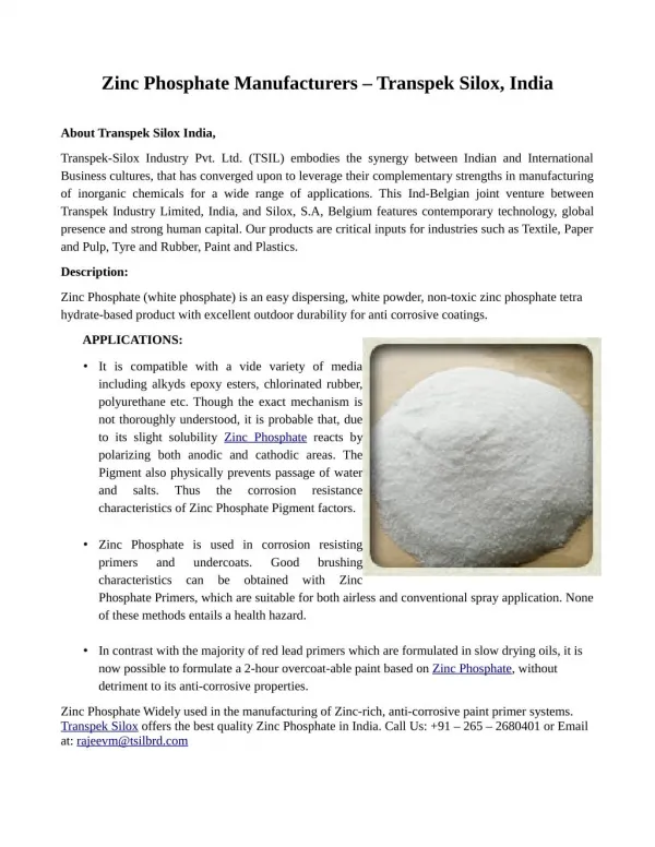 Zinc Phosphate Manufacturers - Transpek Silox, India