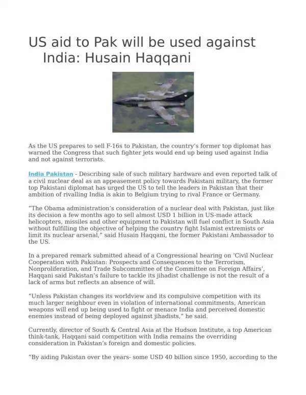 US aid to Pak will be used against India: Husain Haqqani