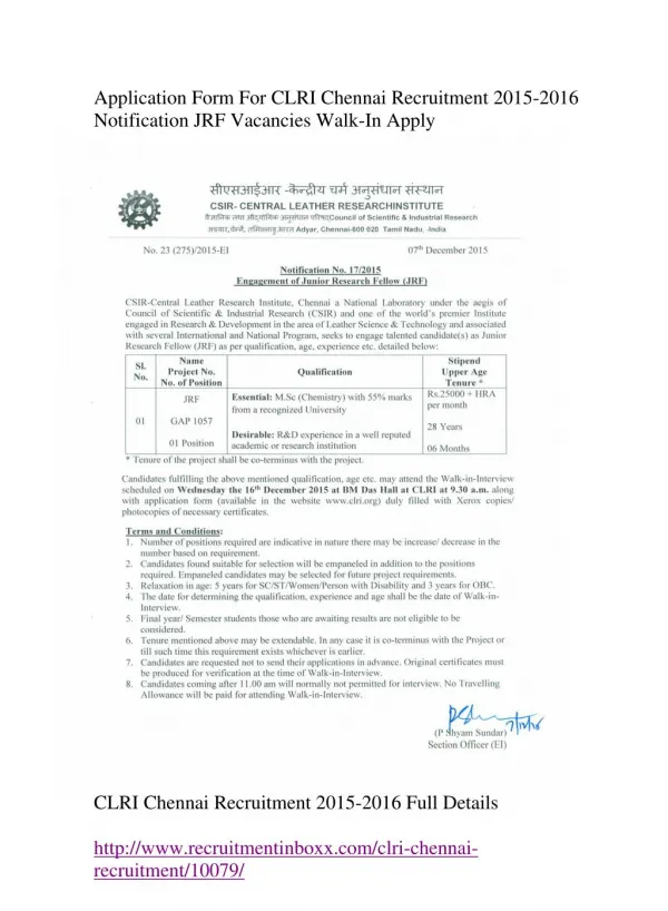Application Form for CLRI Chennai Recruitment 2015-2016 Notification JRF Vacancies Walk-In Apply