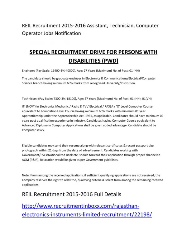 REIL Recruitment 2015-2016 Assistant, Technician, Computer Operator Jobs Notification
