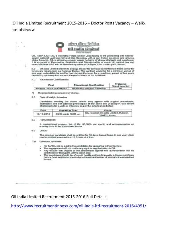 Oil India Limited Recruitment 2015-2016 – Doctor Posts Vacancy – Walk-In-Interview