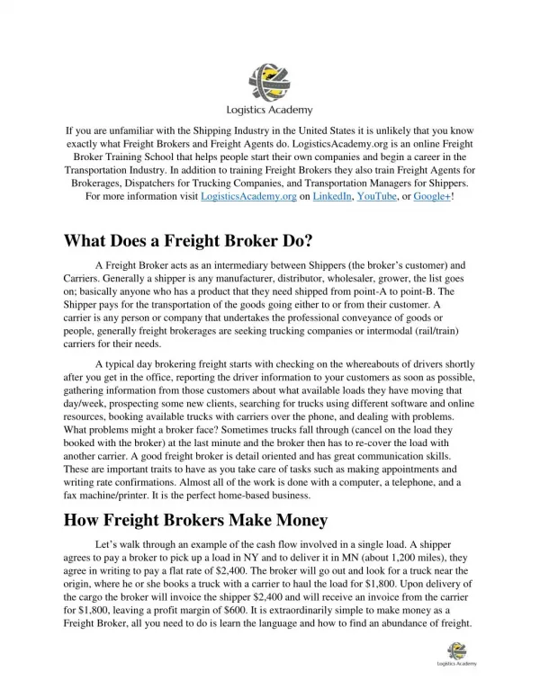 Job Description for Freight Brokers and Freight Agents LogisticsAcademy.org