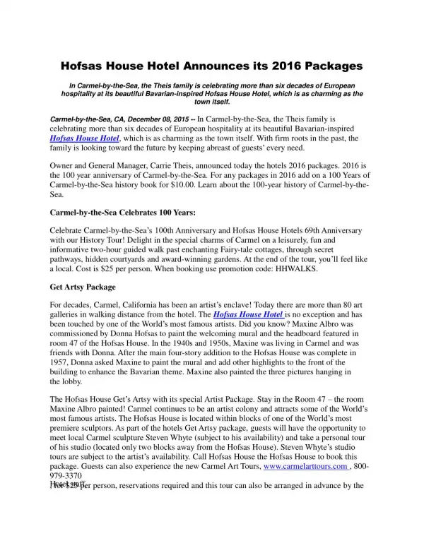 Hofsas House Hotel Announces its 2016 Packages