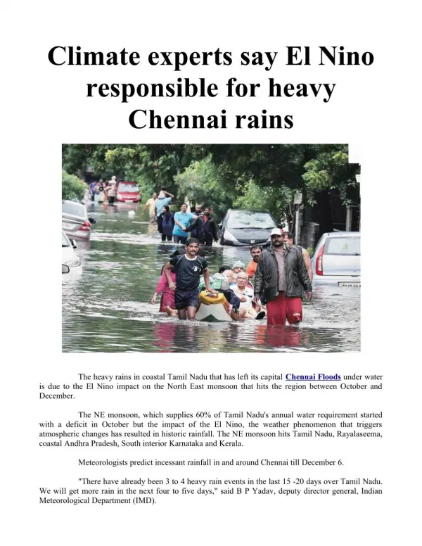 Climate experts say El Nino responsible for heavy Chennai rains