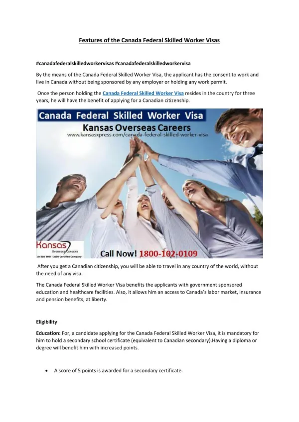 Features of the Canada Federal Skilled Worker Visa