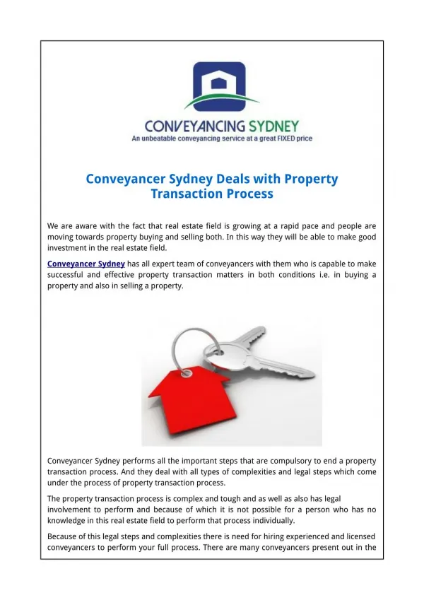 Conveyancer Sydney Deals with Property Transaction Process