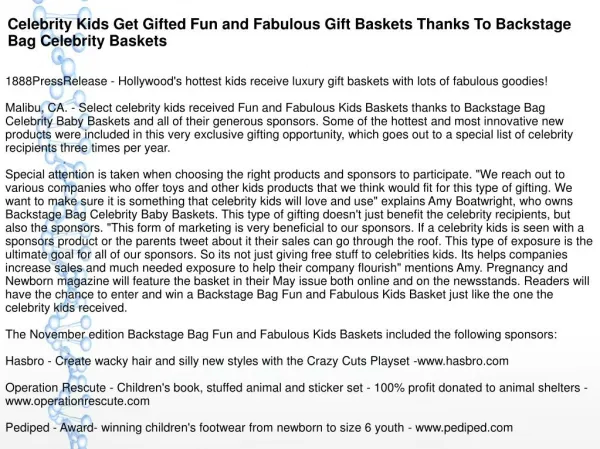 Celebrity Kids Get Gifted Fun and Fabulous Gift Baskets Thanks To Backstage Bag Celebrity Baskets