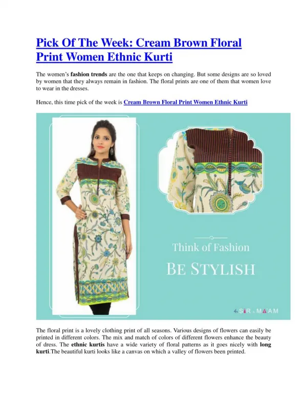 Pick Of The Week: Cream Brown Floral Print Women Ethnic Kurti