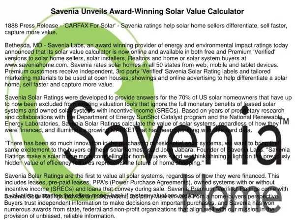 Savenia Unveils Award-Winning Solar Value Calculator